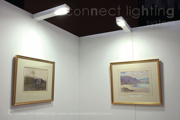 exhibition light, exhibition lighting, exhibition lights - the 'Connect Boxlight', a private exhibition, display boards with lighting to show works of fine-art. (water colours).