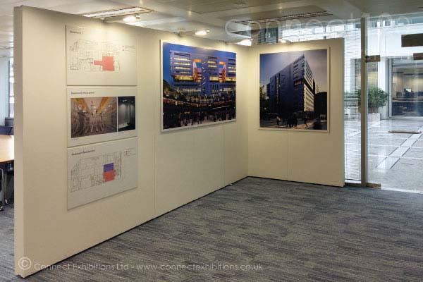 exhibition panel, exhibition panels, exhibition panelling temporary - portable - movable in the exhibition space at the 'UBS Bank' in London, the architects created a gallery to show the building design. ( photographic images, architectural layouts, various materials)