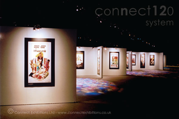 exhibition panel, exhibition panels, exhibition panelling temporary - portable - movable in an exhibition marque opposite 'The Royal Albert Hall' in London, the panels created a temporary exhibition space for a film company event. (photographic prints)
