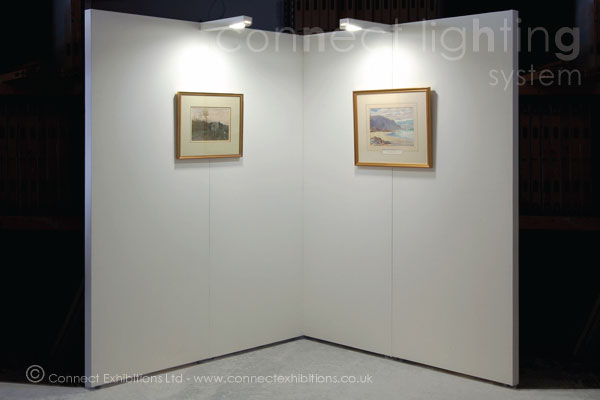 exhibition light, exhibition lighting, exhibition lights - The 'Connect Boxlight', a private exhibition, corner exhibition boards with two lights. (water colours).